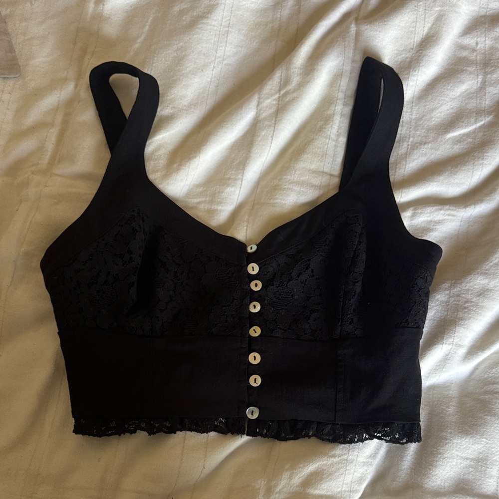 Free People Black Lace Button-Up Crop Top